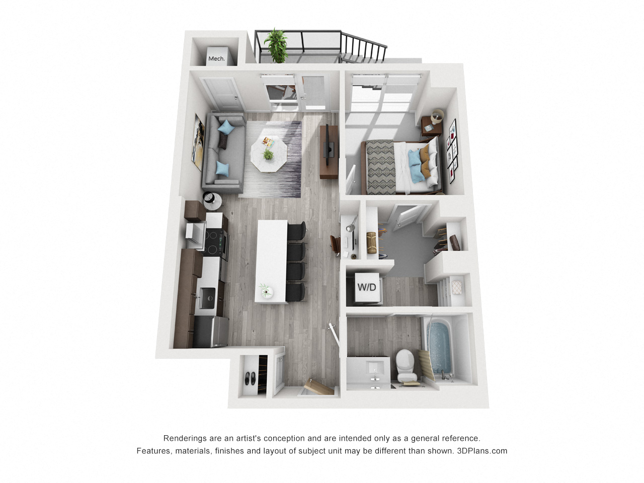 Floor plan for 1 bed, 1 bath, 614 sqft
